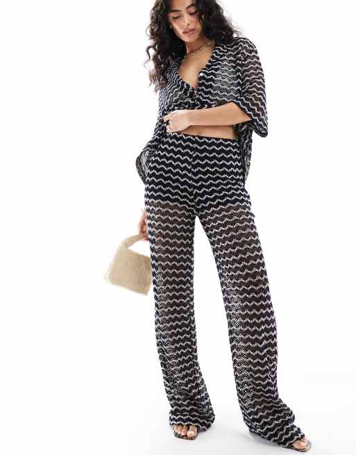 EDITED - Broek van co-ord set met gehaakte look en strepen in zwart en crème