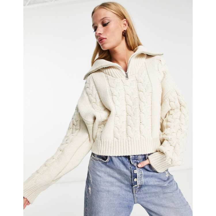 Cream Half Zip Cable Knitted Sweater