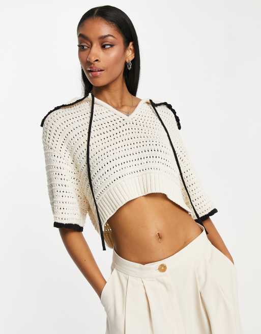Edited cotton blend crotchet blouse with contrast trim in ivory - IVORY