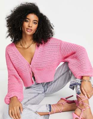 Edited cotton blend crotchet cardigan with balloon sleeves in candy pink - PINK - ASOS Price Checker