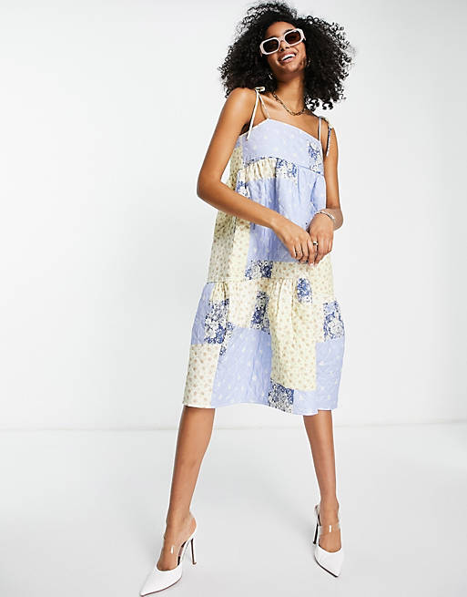 Edited cotton blend quilted midi smock dress in floral patchwork - MBLUE