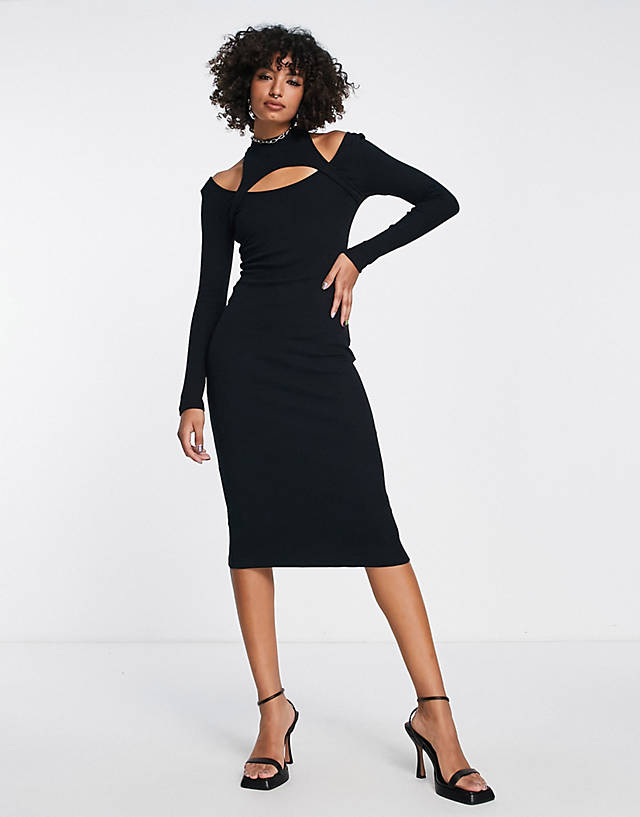 Edited - cotton knitted midi dress with shoulder cut outs in black