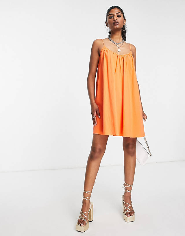 Edited - cotton mini cami smock dress with tie back in bright orange