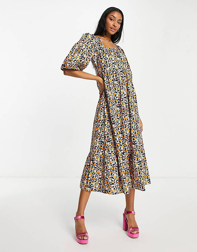Edited - cotton short sleeve smock dress with pleated hem in retro floral - multi