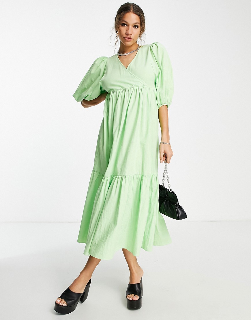 Edited cotton tiered smock dress with balloon sleeves in lime green - LGREEN
