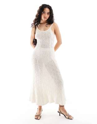 Edited crochet style midi dress in cream-White