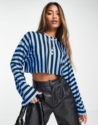 Edited wide sleeve crop top in bold blue stripe - ASOS Price Checker