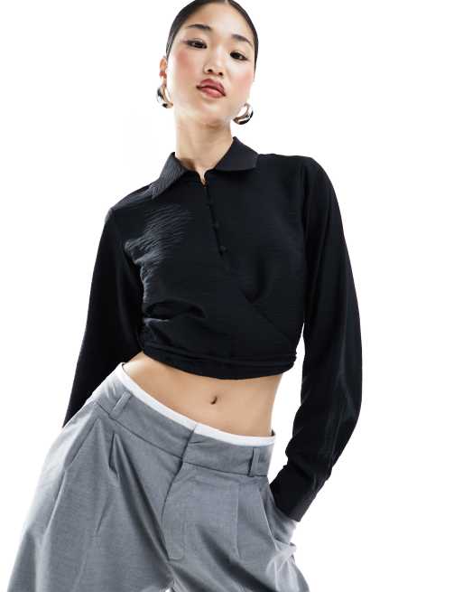 EDITED - Cropped overhemd met gestrikte taille in zwart