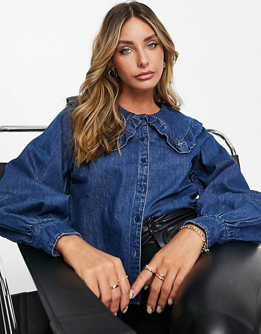 Edited denim shirt with oversized collar in mid blue wash