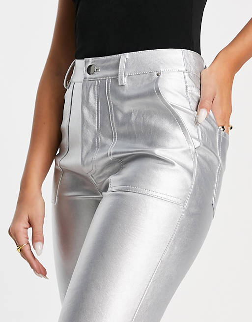 Women Edited Eriko straight leg trousers in metallic silver 