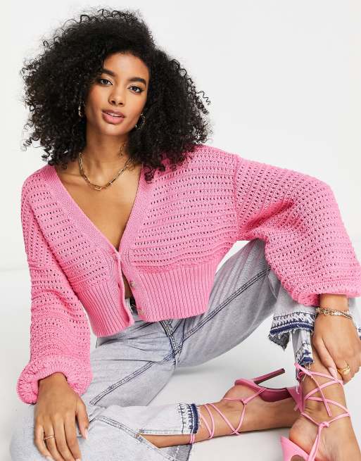 Edited - Gehaakt vest van katoenmix met ballonmouwen in snoeproze - PINK