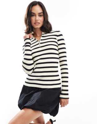 Edited Edited half zip knitted jumper in cream stripe-White