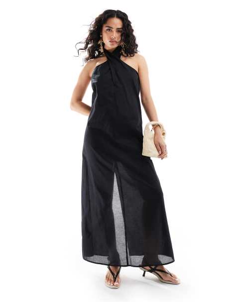 Edited halterneck drop back midaxi dress in olive - view 1
