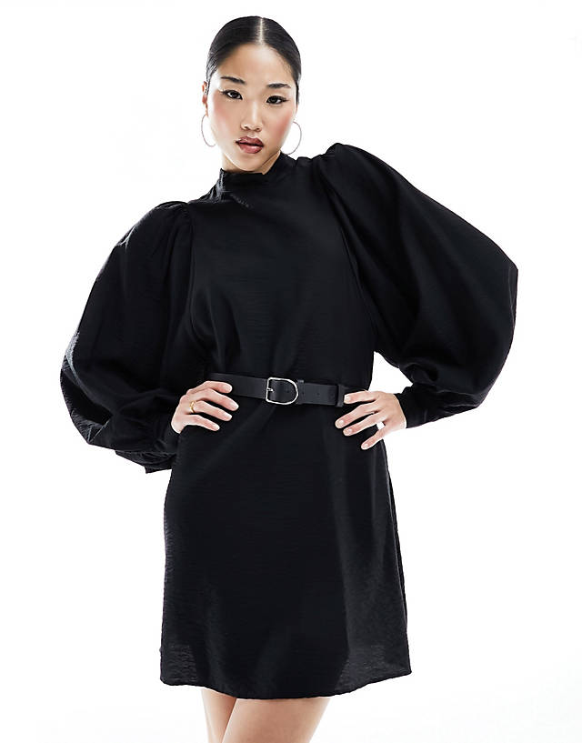 Edited - high neck mini dress with detachable belt in black