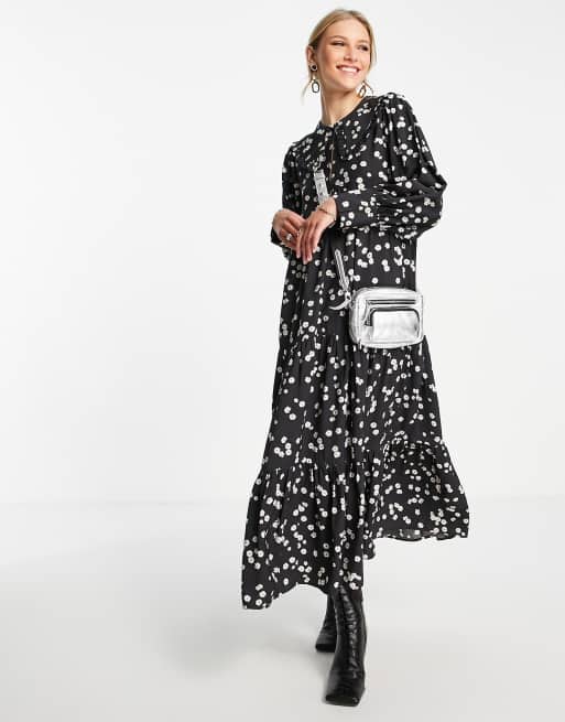 Edited - Joni - Midi-smockjurk met madeliefjesprint in zwart
