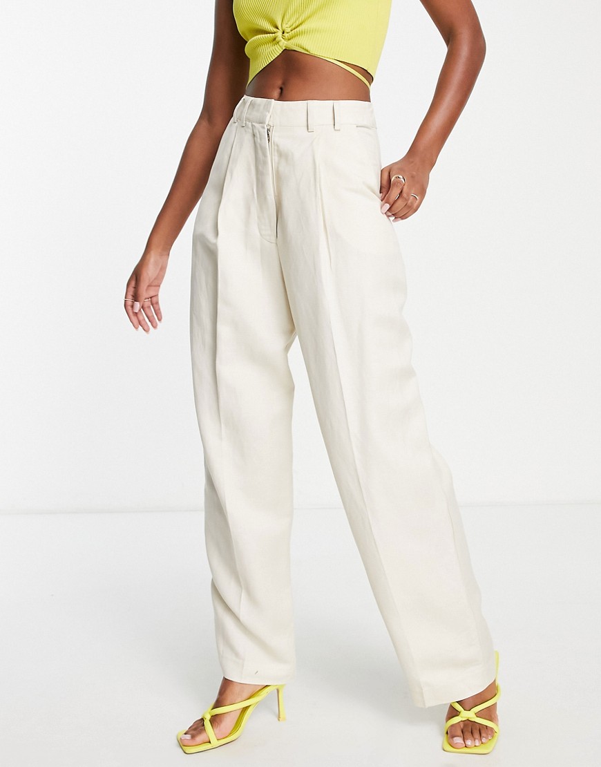 Edited linen wide leg trousers in ivory-White