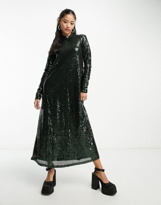 Edited long sleeve maxi dress in emerald sequin