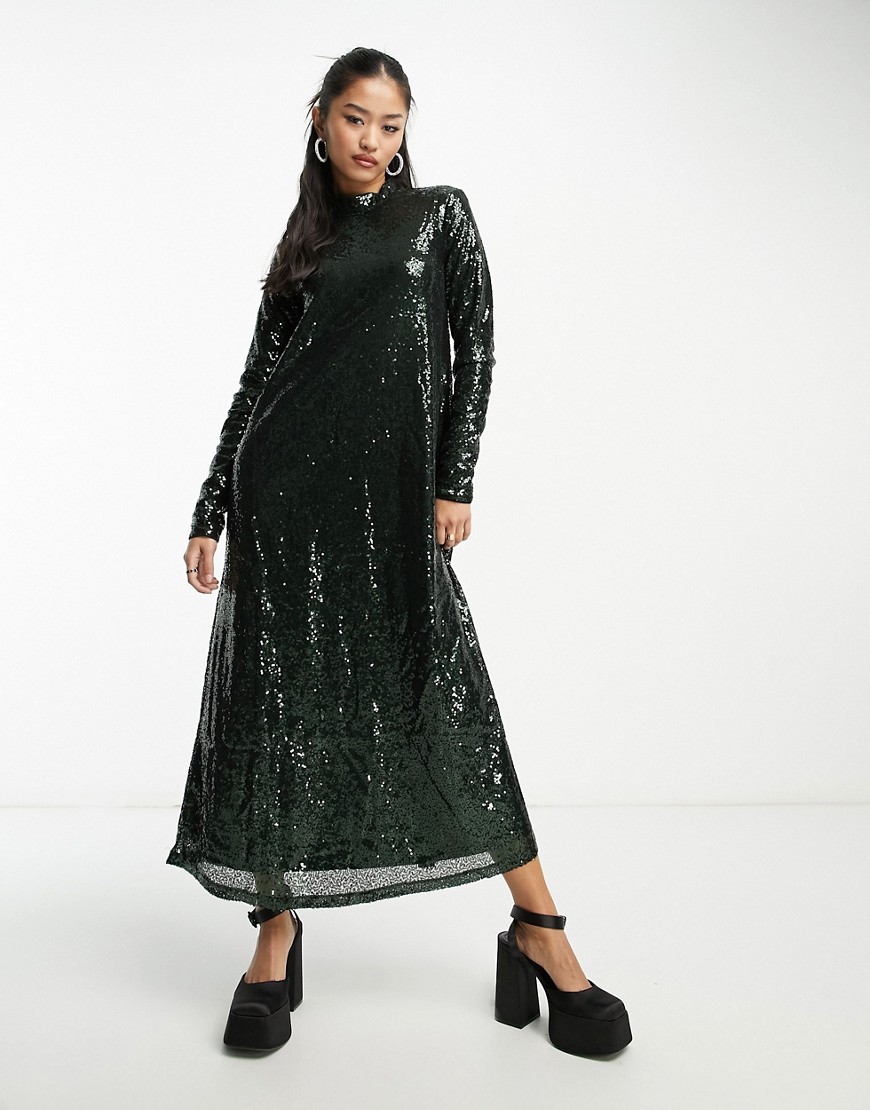 Edited long sleeve maxi dress in emerald sequin-Green