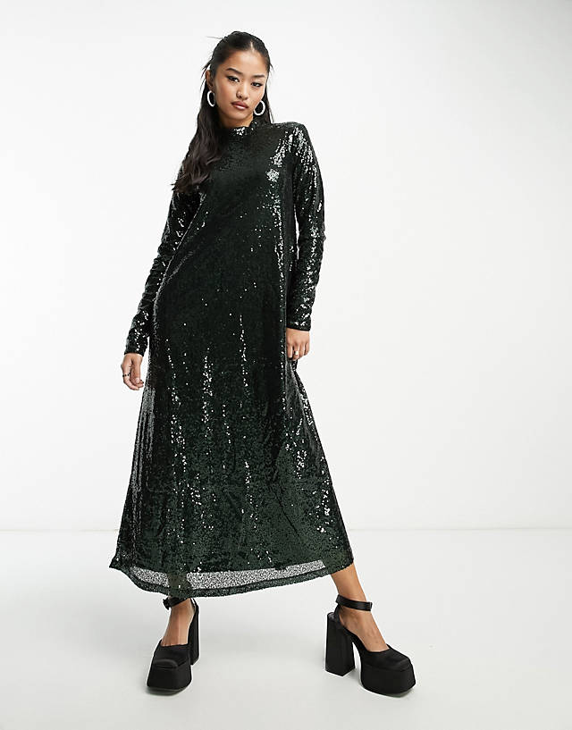 Edited - long sleeve maxi dress in emerald sequin