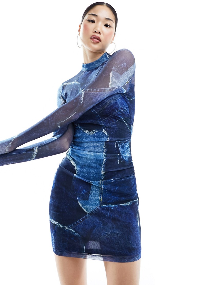 Edited long sleeve mesh mini dress in denim patchwork print-Navy