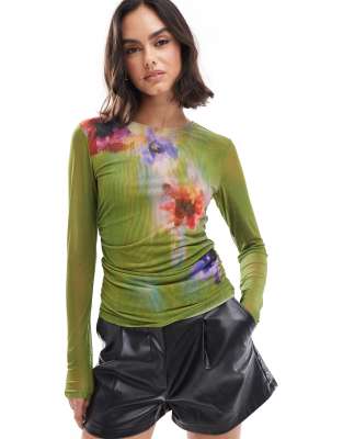 Edited Edited long sleeve mesh top in olive green floral
