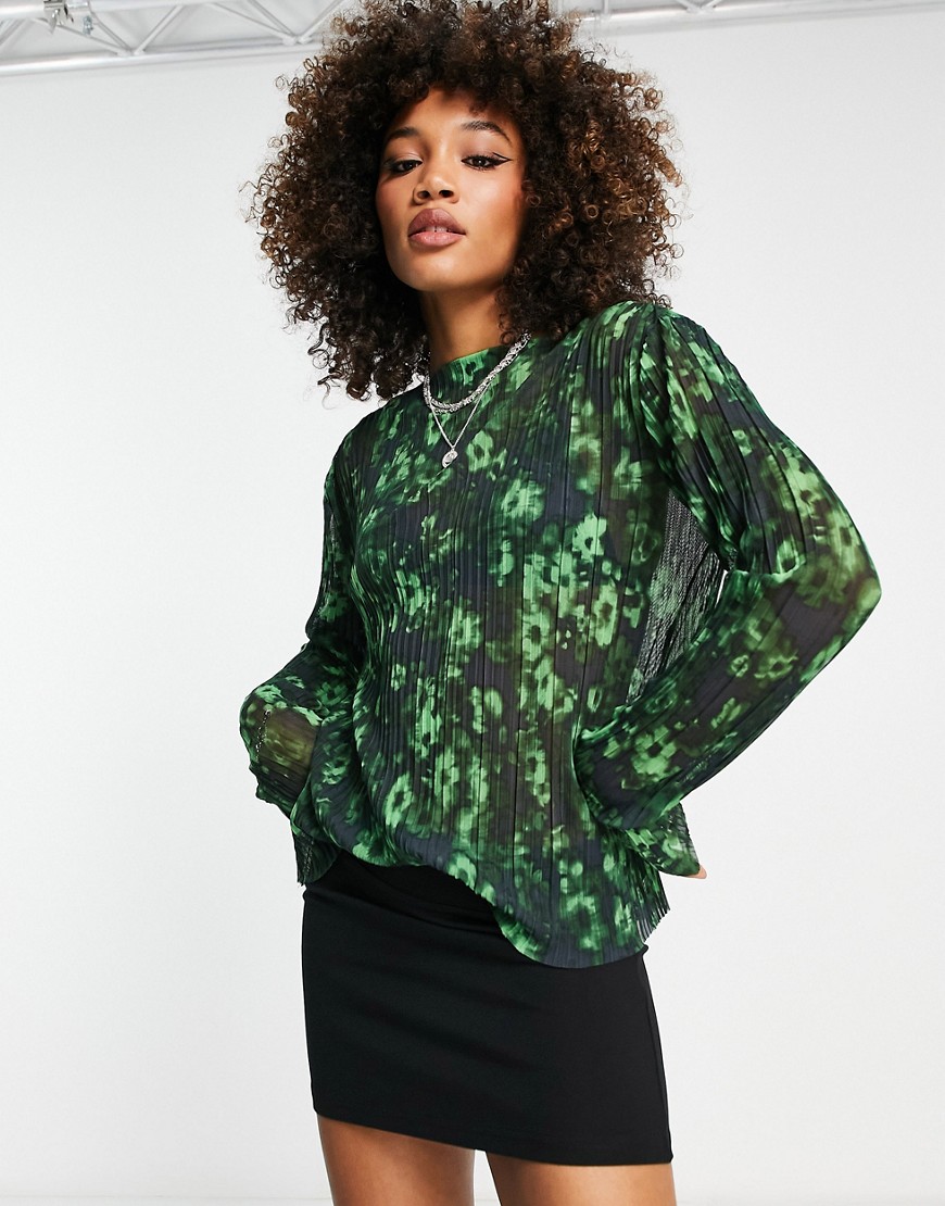 Edited long sleeve mesh top in smudge green floral