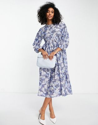 Edited long sleeve midi smock dress in blue vintage floral - ASOS Price Checker