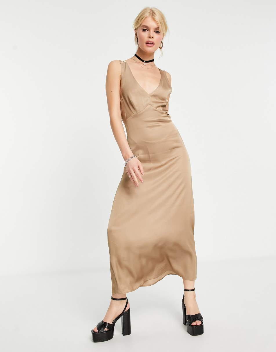 Edited maxi dress with back detail in brown satin