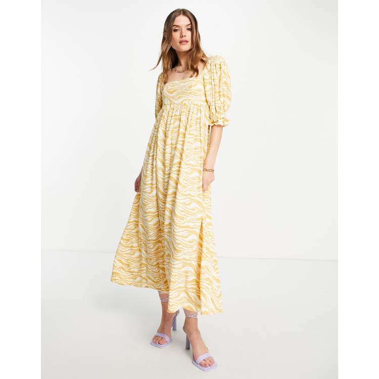 Edited maxi milkmaid dress in mustard zebra print