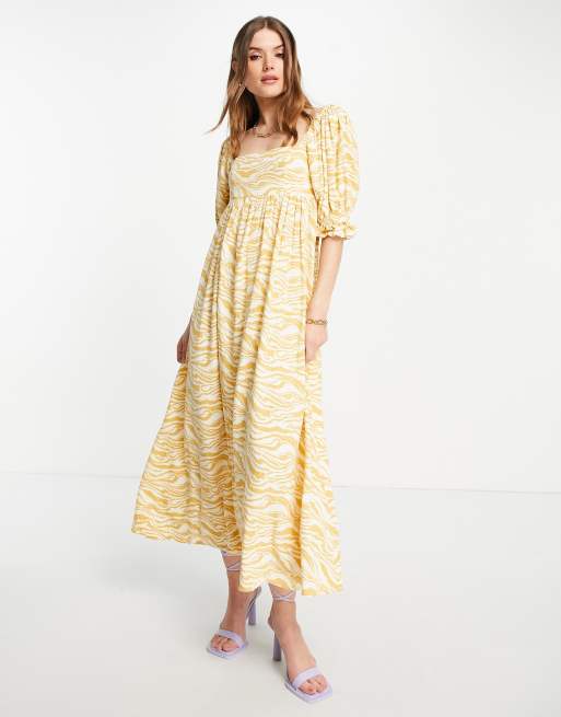 Edited maxi milkmaid dress in mustard zebra print