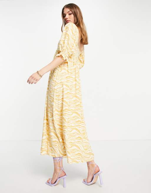 Edited maxi milkmaid dress in mustard zebra print