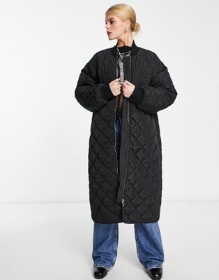 Edited maxi quilted bomber coat in black