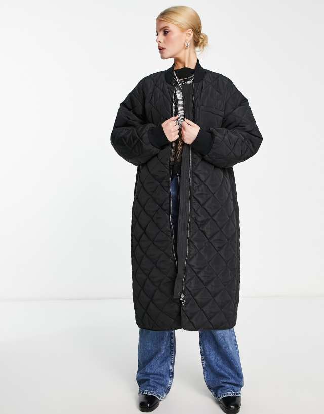 Edited - maxi quilted bomber coat in black