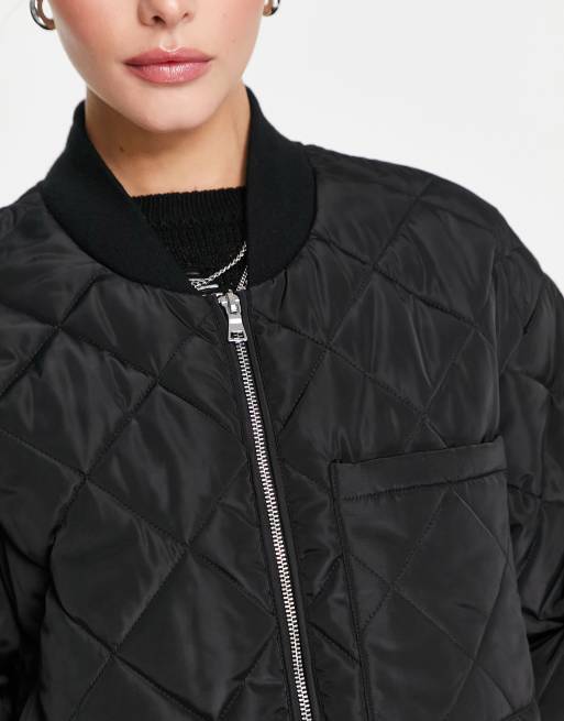 Edited maxi quilted bomber coat in black, 3 of 4