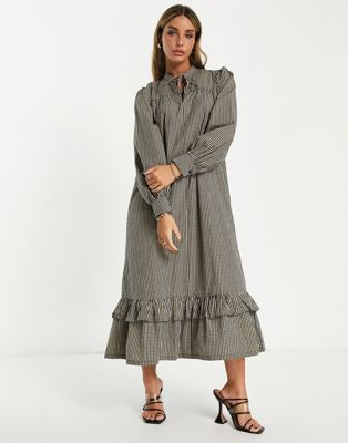 Edited maxi smock dress in camel gingham check