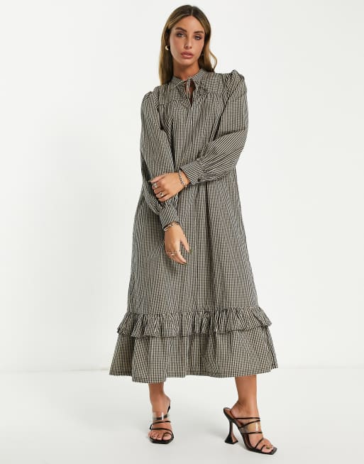 Edited - Maxi-smockjurk in camelkleurige gingham ruit
