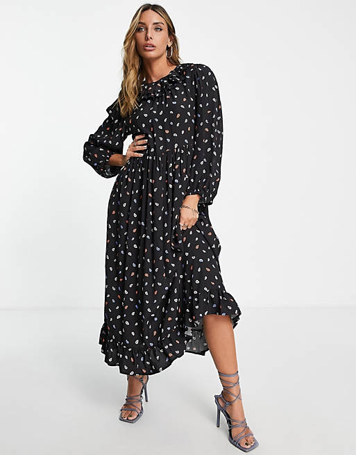 Edited maxi tea dress with frill collar in multi paisley print