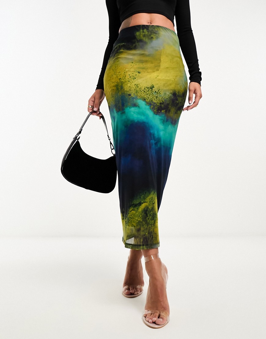 Edited mesh midi skirt in abstract print-Multi