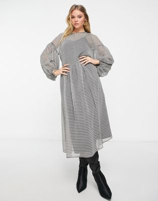 Edited mesh midi smock dress with underlay in tonal grid check