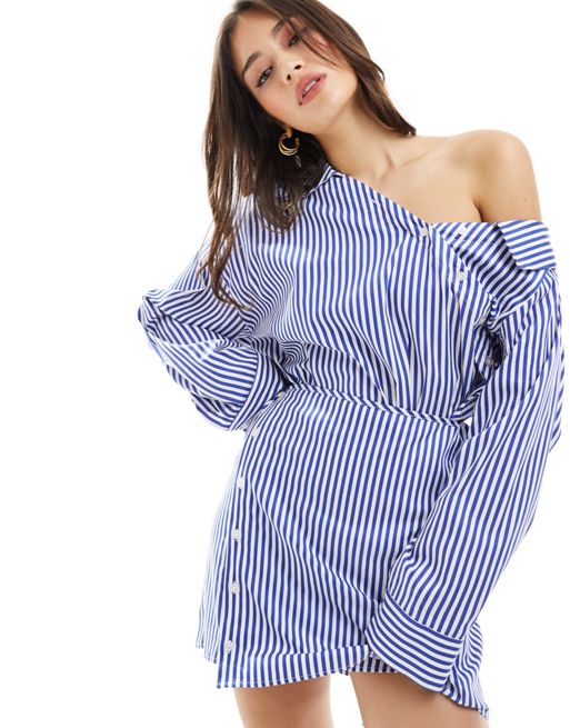 Edited off shoulder shirt mini dress in blue stripe