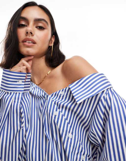 Blue and white striped off the shoulder to sale