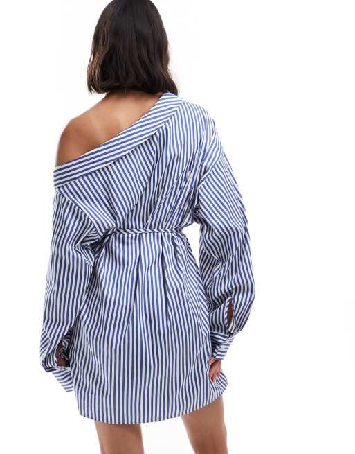 blue and white striped off shoulder dress Edited shirt mini in stripe dressstyle:Strapless Quinley Shirred Floral-print Organic Size:MOM-Large Allover stripe print