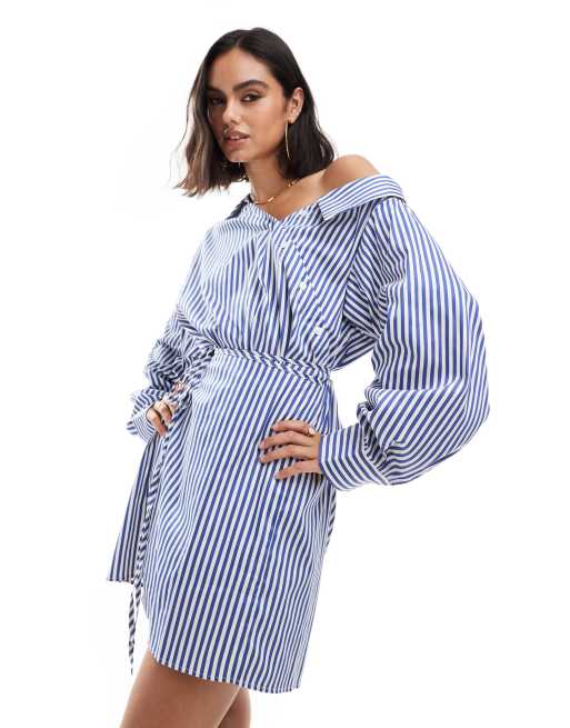 Edited off shoulder shirt mini dress in blue stripe