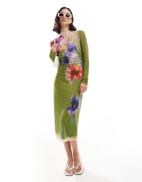 Edited long sleeve mesh midi dress in olive green floral