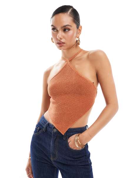 Edited open back lace up crochet look top in rust metallic - view 1