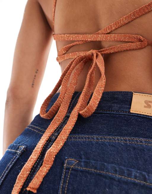 Edited open back lace up crochet look top in rust metallic