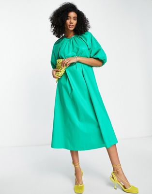 Edited cotton balloon sleeve midi dress in bold green - MGREEN
