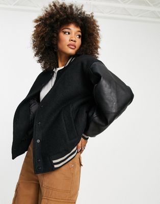 Edited oversized varsity bomber jacket with faux leather sleeves - ASOS Price Checker