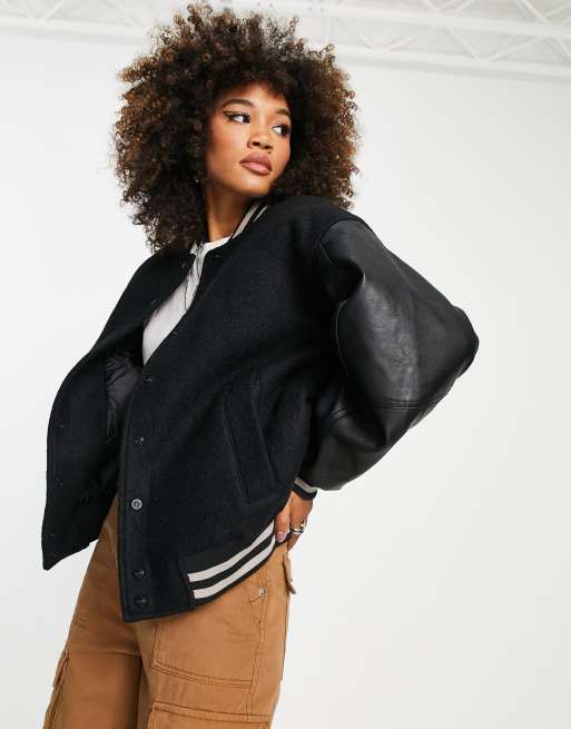 Coats with leather sleeves sale