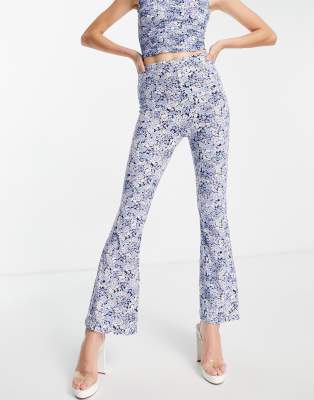 Edited ribbed flares in blue vintage floral co-ord - ASOS Price Checker